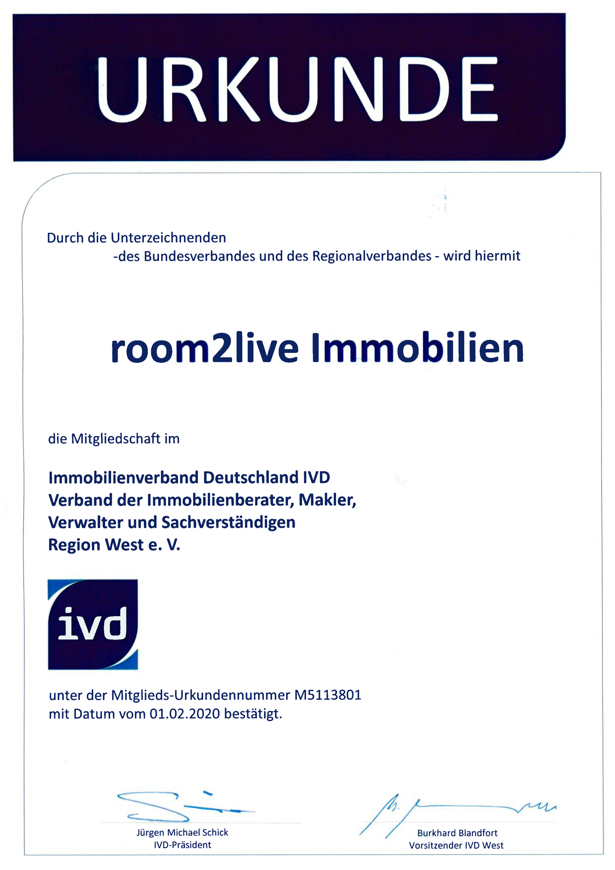Urkunde IVD-Mitgleidschaft room2live